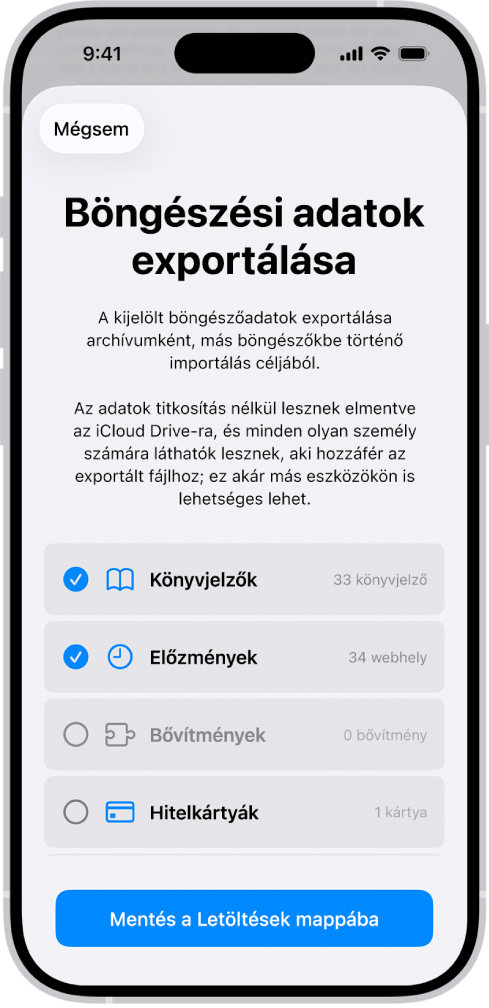 A Böngészési adatok exportálása képernyő, amely megjeleníti a Safariból egy másik böngészőbe exportálható adatokat.