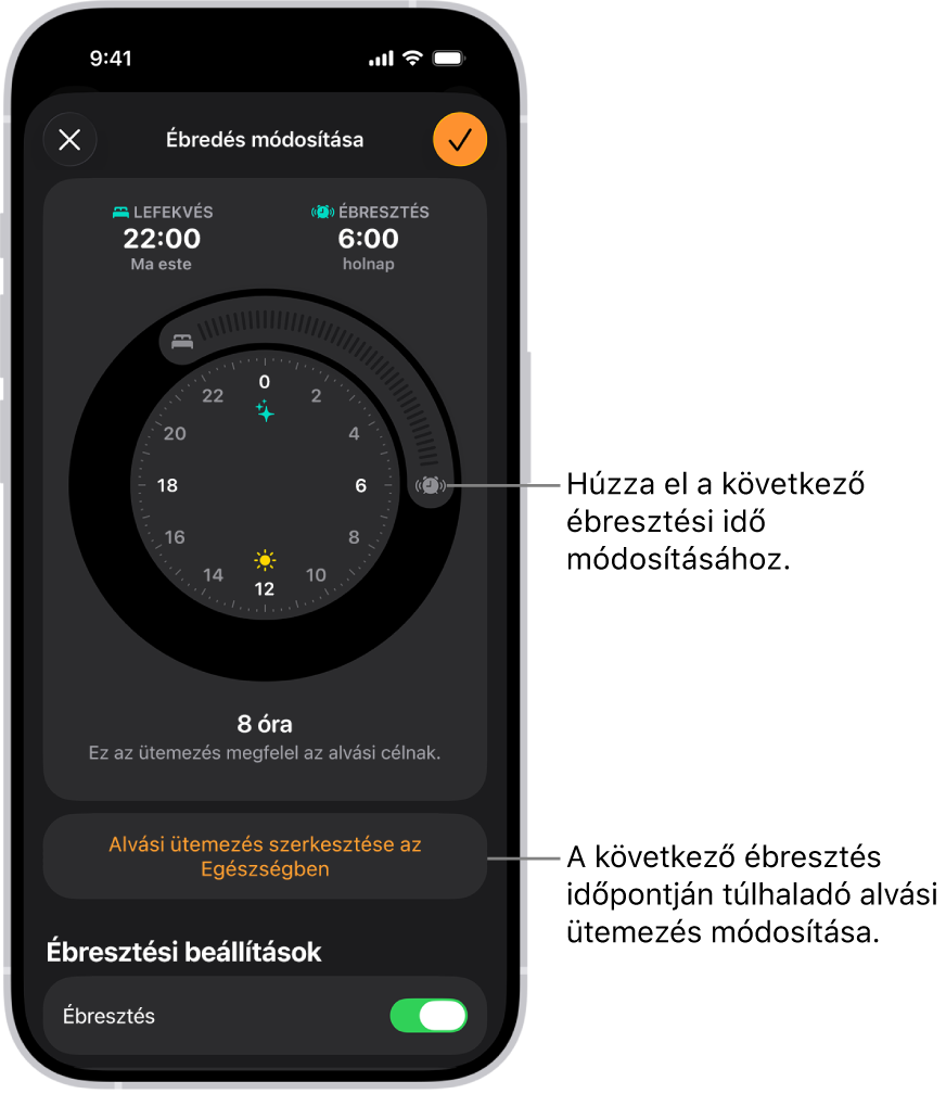 Egy képernyő, amelyen keresztül a következő ébresztést módosíthatja. Az ébresztés idejét az ébresztés gomb pozíciójával állíthatja be.