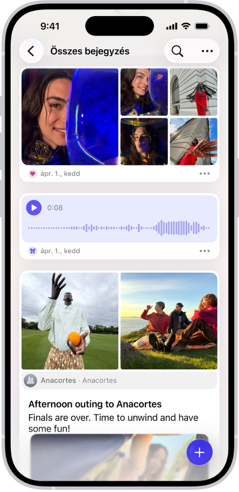 A Napló app egy képernyője naplóbejegyzésekkel, és a jobb felső részen található Keresés gombbal.