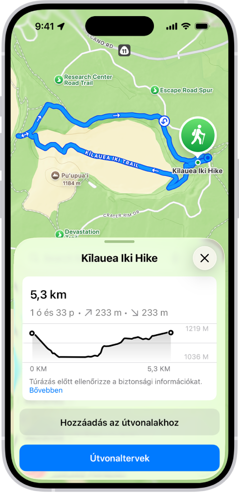 Egy letölthető túraútvonal áttekintése a távolsággal, az emelkedési profillal, a becsült időtartammal, illetve a túraútvonal kiindulási pontjához vezető útvonaltervek mentéséhez vagy megjelenítéséhez elérhető opciókkal.