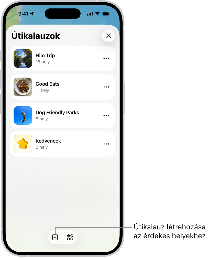 Számos egyéni útikalauz listája a Térképek appban, többek között a Kedvencek kategóriával és a jobb alsó sarokban található Új útikalauz gombbal.