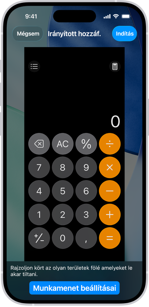 Egy iPhone képernyője, amelyen az Irányított hozzáférés beállítása van folyamatban. Az iPhone átmenetileg a Számológép appra lett zárolva, és az appban lévő gombok egyike le lett tiltva.