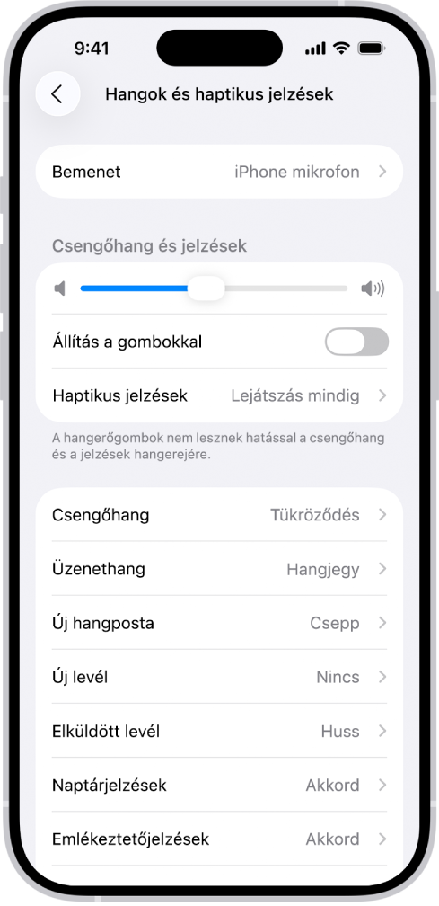 A hangok és haptikus jelzések képernyője a Beállításokban.