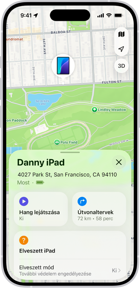 A képernyő tetején a Lokátor képernyője megjeleníti egy iPad helyzetét egy térképen.