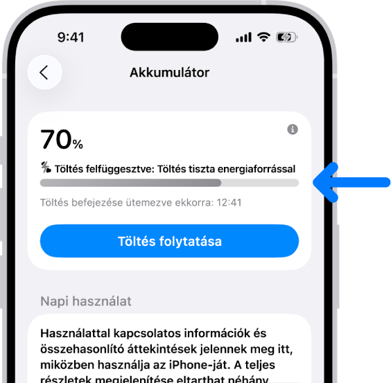 A töltési információk kártya az iPhone Akkumulátor beállításaiban. A kártyán a 70%-os töltöttségi szint mellett a következő üzenet látható: „Töltés felfüggesztve: Töltés tiszta energiaforrással”. A „Töltés folytatása” opció mellett az látható, hogy a töltés ütemezés szerint 12:41-kor fog befejeződni.