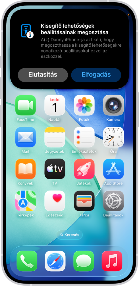 Egy iPhone, amelyen egy értesítés látható arról, hogy Dániel iPhone-ja a kisegítő lehetőségek beállításainak megosztását kérelmezi.