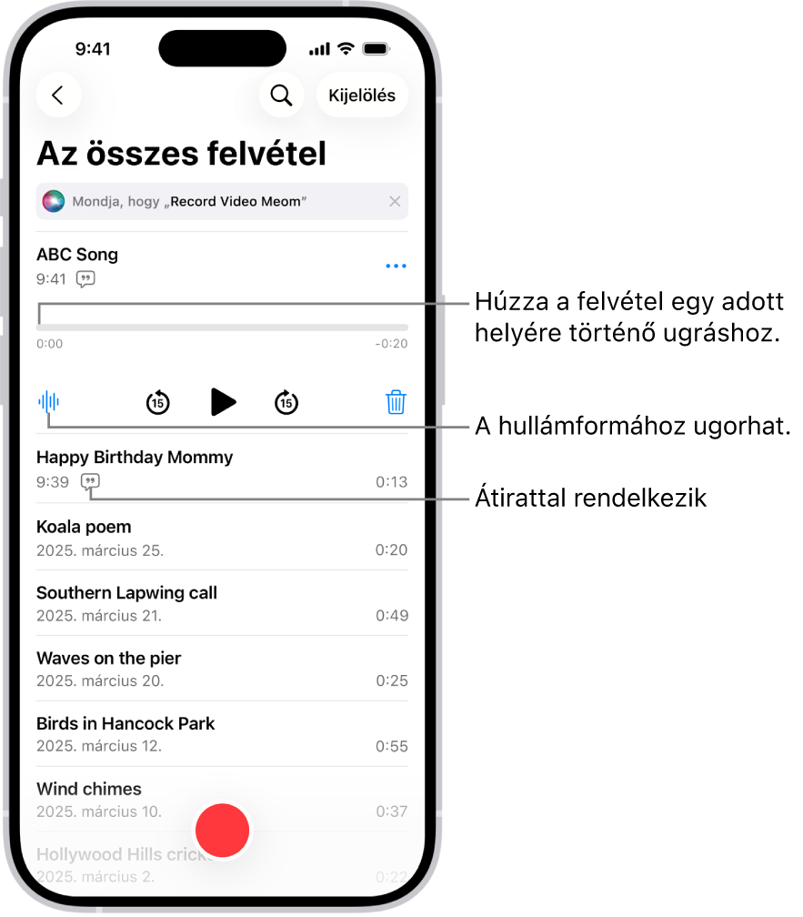 A hangjegyzetek listájának képernyője, amelynek tetején ki van jelölve egy felvétel. A felvételi idővonalon egy lejátszófej látható, amely elhúzásával a felvétel egy adott részéhez ugorhat. A lejátszási vezérlők az idővonal alatt találhatók.