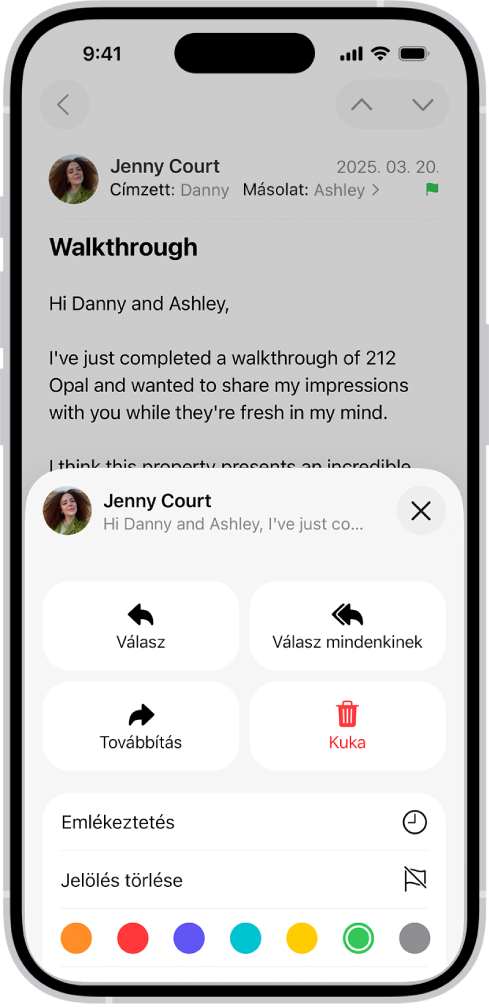 Egy üzenet esetében a válaszírási lehetőségek láthatók a képernyő alsó felén, többek között a Jelölés törlése gomb és a jelöléshez választható színek.