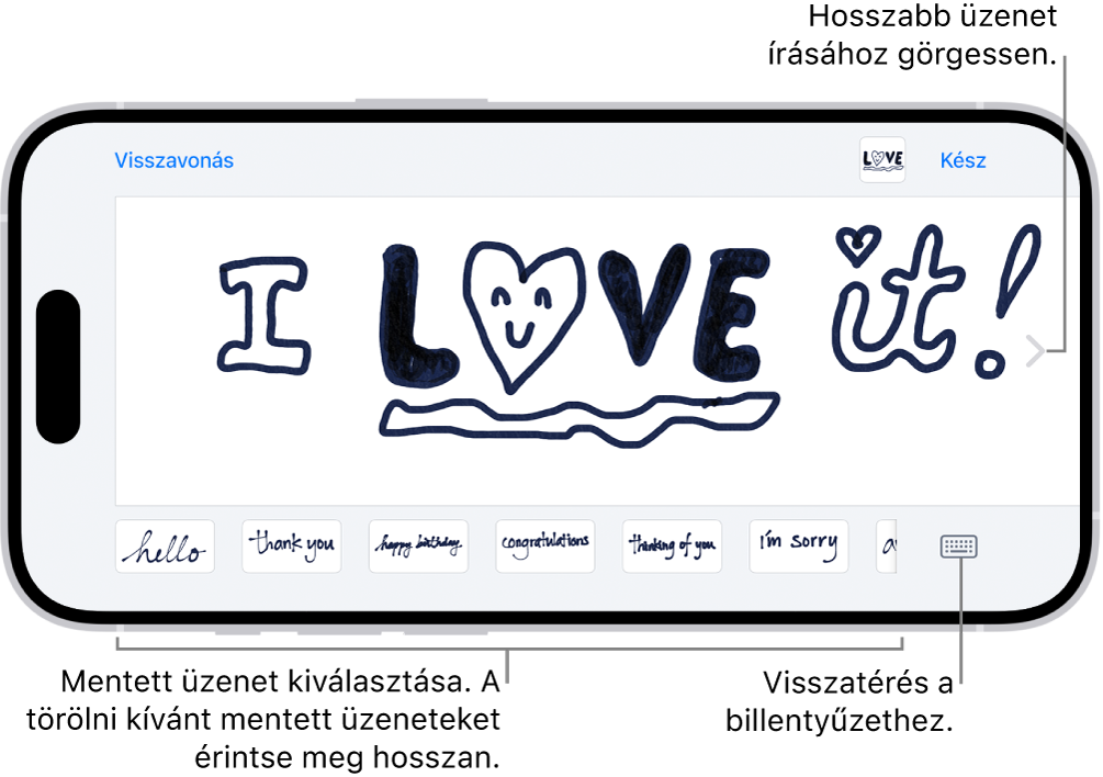 A kézzel írt üzenetekhez használható vászon. A képernyő alján balról jobbra az elmentett kézírásos elemek láthatók, továbbá a Billentyűzet gomb.