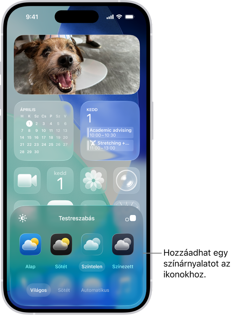 Egy testreszabott Főképernyő a fotókeretbe rendezett, átlátszó, kék színárnyalatú ikonokkal és az ikonok testreszabására szolgáló vezérlőkkel a képernyő alsó részén. A beállítások között megtalálhatók az Automatikus, a Sötét, a Világos és a Színezett gombok, a szín és a telítettség kiválasztására szolgáló opciók, valamint az ikonméret beállítására szolgáló Kicsi és Nagy gombok.