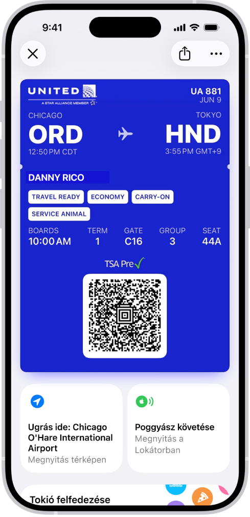 Beszállókártya a Tárca appban a járatra vonatkozó információkkal, alul pedig a QR-kóddal.