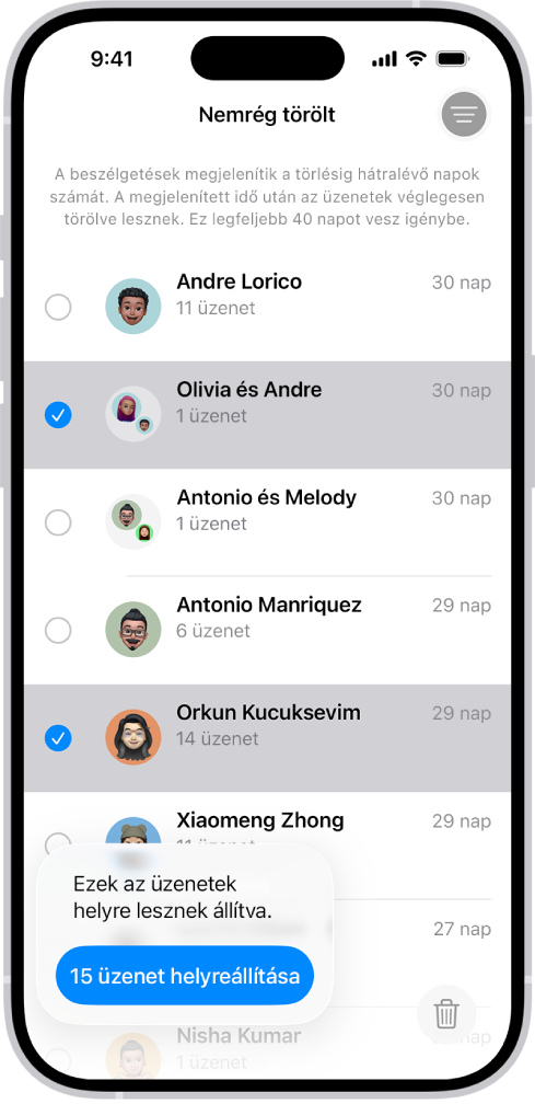 Az összes törölt üzenet visszaállítása két beszélgetésben.