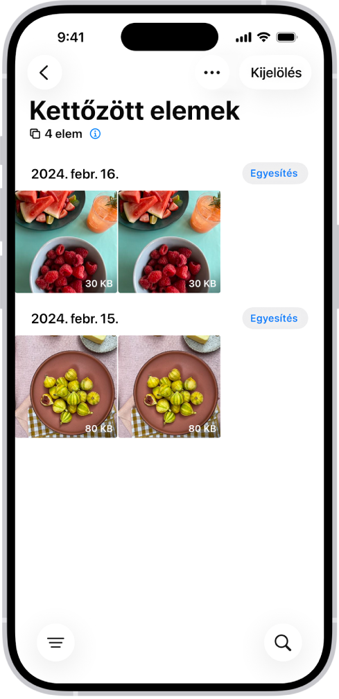 A Kettőzött elemek képernyő, amelyen megkettőzött fotók láthatók egymás mellett. A képernyő jobb oldalán Egyesítés gombok jelennek meg, amelyekkel a megkettőzött fotók egyesíthetők.