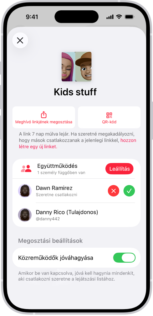 Az Együttműködés kezelése képernyő a Zene appban.