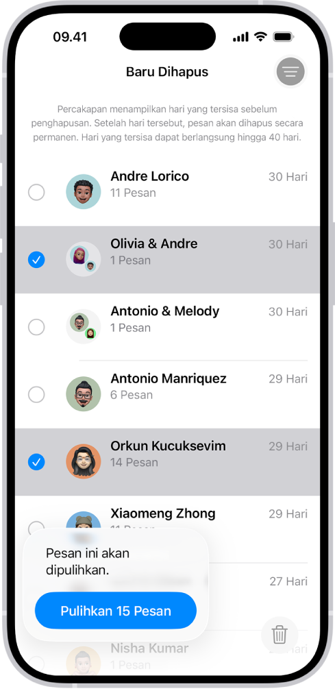 Memulihkan semua pesan yang dihapus dalam dua percakapan.