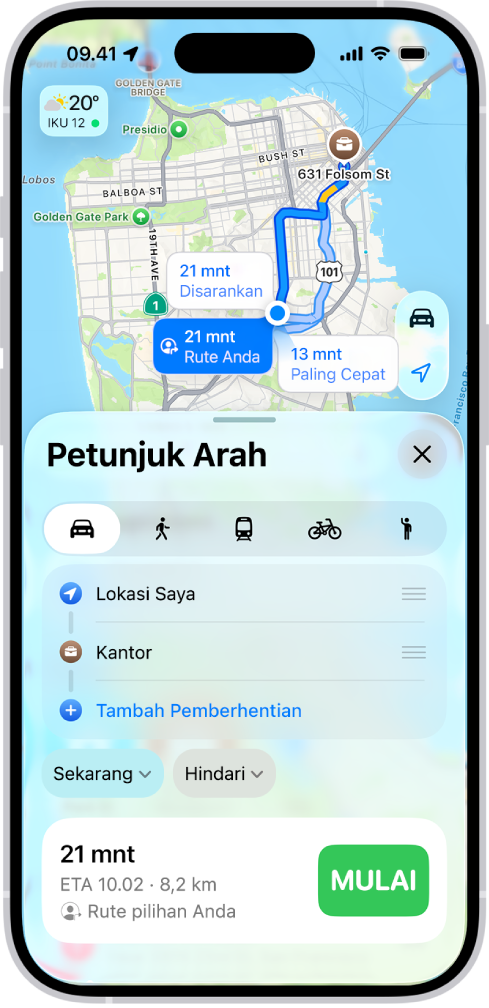 iPhone menampilkan peta dengan beberapa pilihan rute berkendara ke tujuan yang sama. Setiap rute menampilkan perkiraan waktu dan jarak, dan tombol Mulai untuk memulai petunjuk arah belokan demi belokan. Kode warna di setiap rute menunjukkan kondisi lalu lintas.
