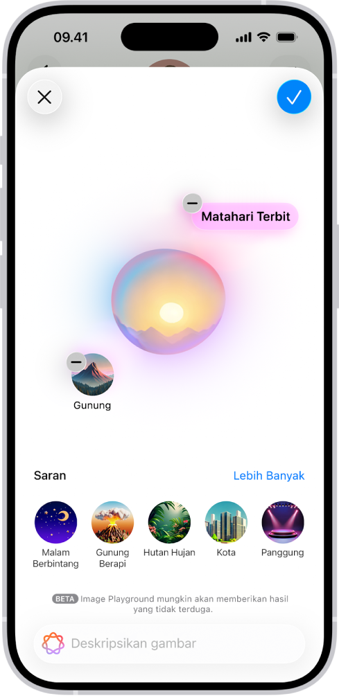 Jendela Image Playground di app Pesan menampilkan latar belakang yang dibuat.