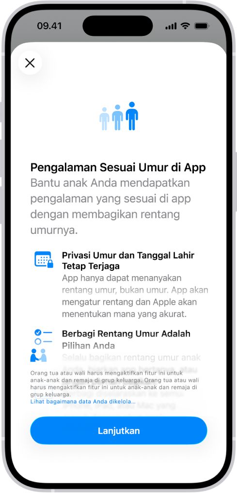 Layar penyiapan untuk Pengalaman Sesuai Umur di fitur App.