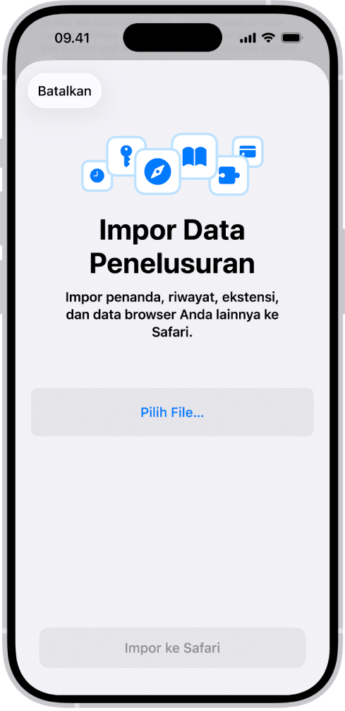 Layar Impor Data Penelusuran, yang meminta Anda memilih file yang akan diimpor.