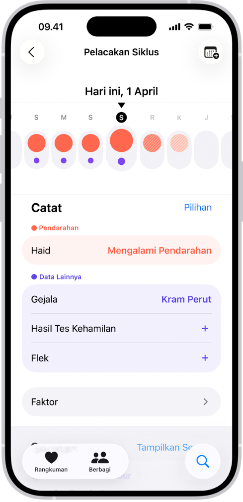 Layar Pelacakan Siklus menampilkan garis waktu untuk seminggu di bagian atas layar. Lingkaran merah padat dan titik ungu menandakan 5 hari pertama di garis waktu. Di bawah garis waktu terdapat pilihan untuk menambahkan informasi mengenai haid, gejala, dan lainnya.