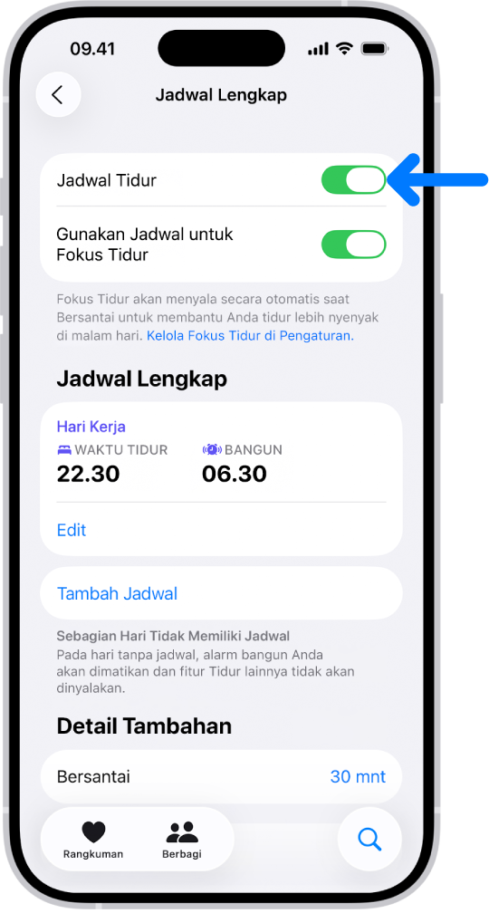 Layar tidur Jadwal Lengkap di Kesehatan dengan Jadwal Tidur dinyalakan di bagian atas.