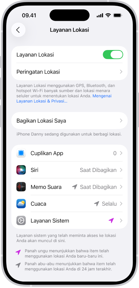 Layar Layanan Lokasi, dengan pengaturan untuk berbagi lokasi iPhone Anda dengan app.