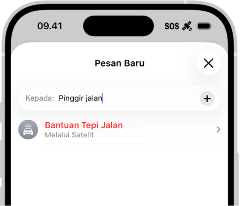 Pesan baru dialamatkan ke “tepi jalan”. Di bawahnya ada tautan untuk Bantuan Tepi Jalan melalui satelit.