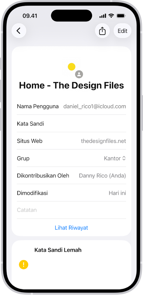App Kata Sandi yang menampilkan detail untuk akun, termasuk Nama Pengguna, Kata Sandi, dan Situs Web.