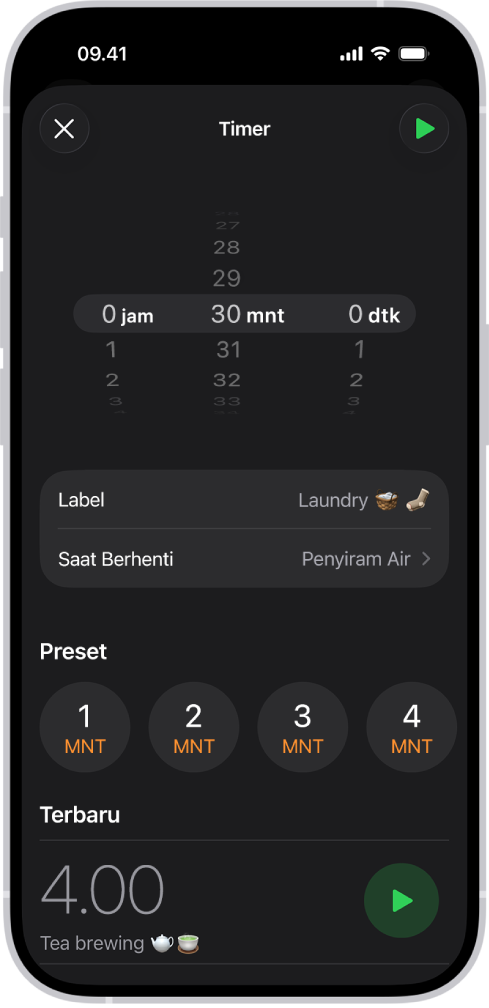 Layar untuk menambahkan timer, dengan pengaturan untuk mengatur timer, dan tombol untuk memulai timer yang baru dibuat.