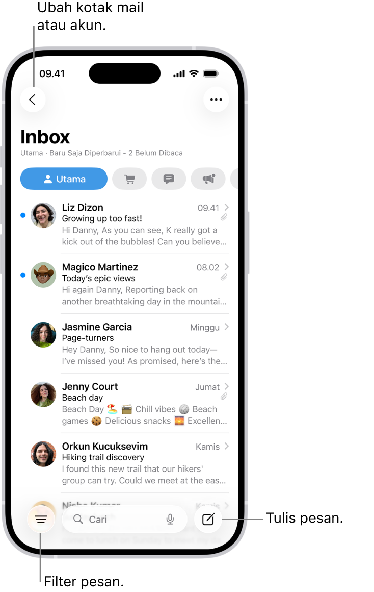 Inbox Mail, menampilkan daftar email.