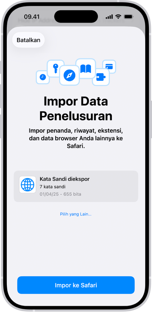 Layar Impor Data Penelusuran, yang menampilkan file CSV kata sandi dari pengelola kata sandi lain yang akan diimpor.