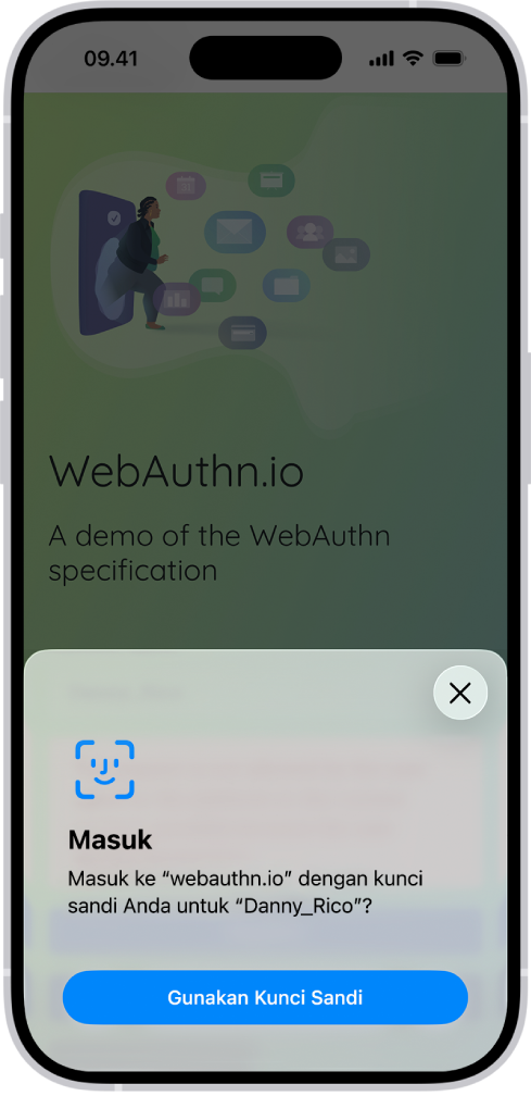 Setengah bawah layar iPhone menampilkan pilihan untuk menggunakan kunci pass untuk masuk ke situs web.