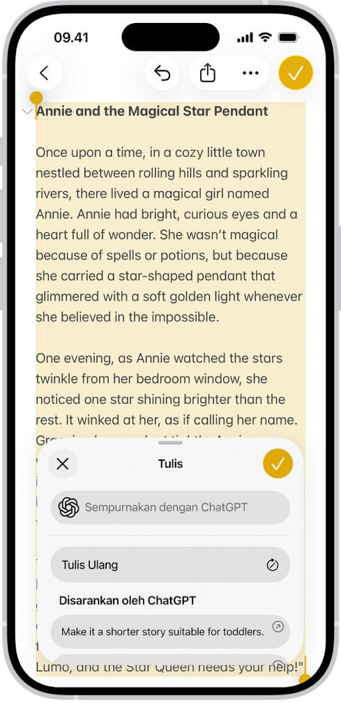 iPhone menampilkan teks di app Catatan. Di bagian bawah layar terdapat dialog Tulis dengan Alat Tulis yang menyertakan pilihan untuk menjelaskan perubahan, menulis ulang, memilih saran ChatGPT, dan lainnya.
