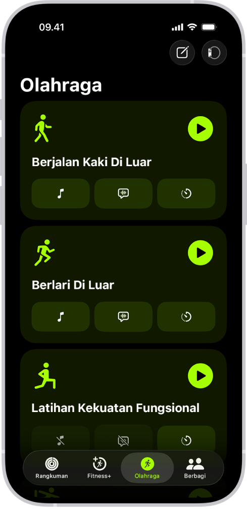 Layar olahraga Kebugaran menampilkan tiga olahraga.
