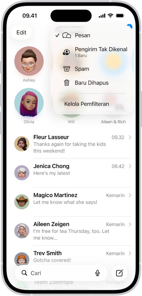 Daftar percakapan di Pesan. Semua pesan ditampilkan, karena tidak ada filter yang dipilih di menu Filter.