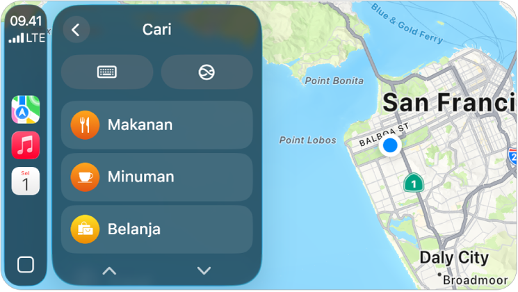 Layar CarPlay menampilkan peta San Francisco. Di sebelah kanan terdapat tombol lokasi, 3D, laporan bahaya, dan zoom. Di bagian bawah terdapat tombol Cari dan Tujuan.