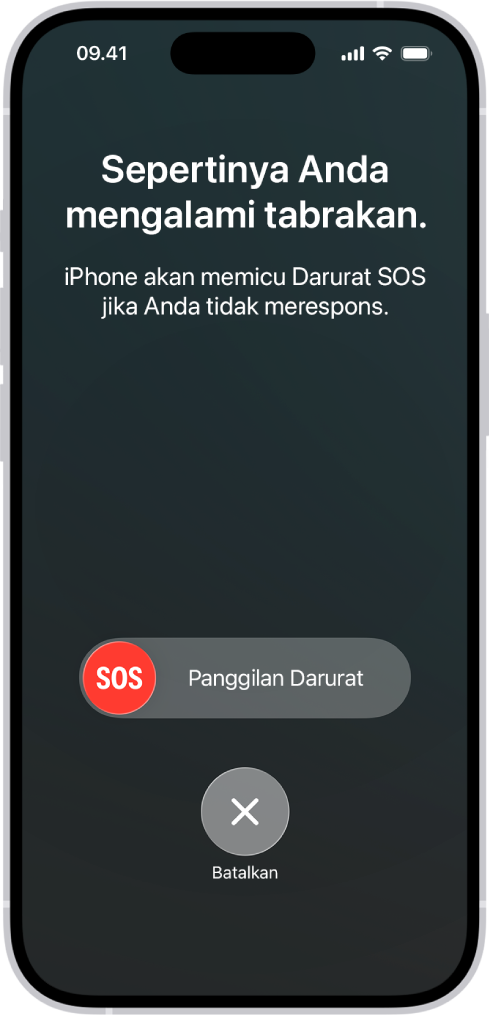 Layar Deteksi Tabrakan yang menampilkan pemberitahuan bahwa Anda telah mengalami tabrakan, di bawahnya terdapat penggeser Panggilan Darurat SOS dengan tombol batalkan.
