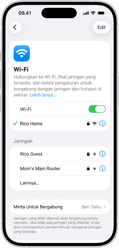 Layar pilihan Wi-Fi di Pengaturan. Wi-Fi dinyalakan, dan jaringan dipilih.