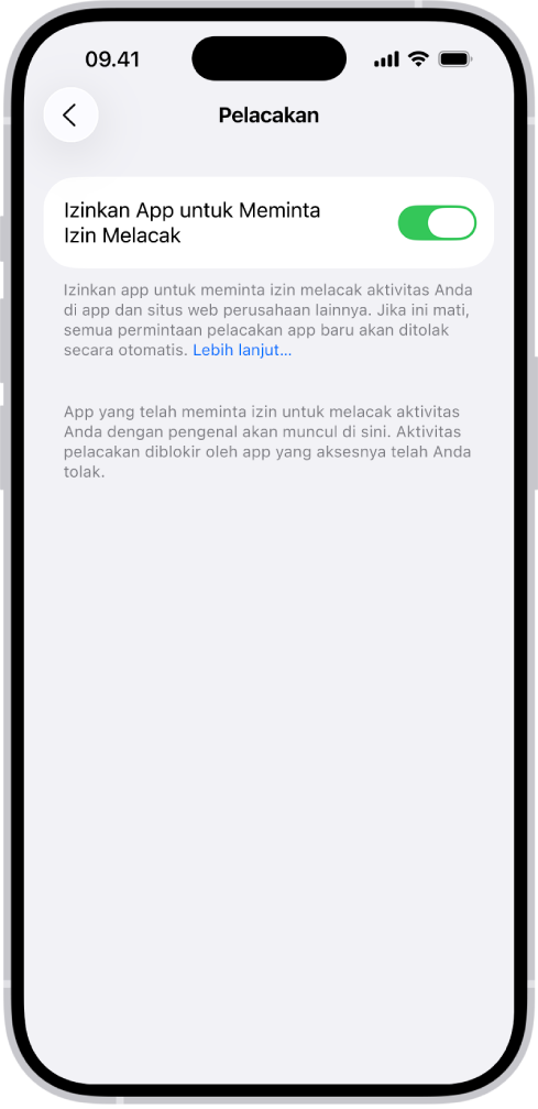 Layar Pelacakan, dengan pengaturan untuk mengontrol apakah app dapat meminta untuk melacak Anda di situs web atau app yang dimiliki oleh perusahaan lain.