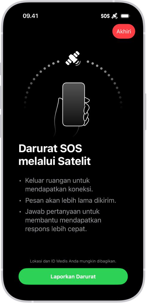 Layar Darurat SOS, menampilkan bahwa ponsel terhubung dan menginstruksikan pengguna untuk terus mengarahkan ke satelit. Tombol Laporkan Darurat ada di bagian bawah layar.