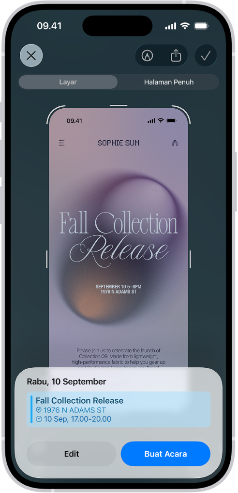 Pamflet dari acara yang dibuka di kecerdasan visual. Acara kalender muncul di bagian bawah layar dengan tombol untuk mengedit dan membuat acara.