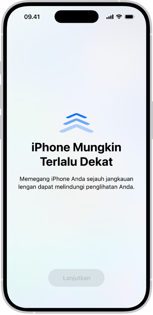 Peringatan layar bahwa Anda memegang iPhone terlalu dekat dan Anda harus menjauhkannya untuk melindungi kesehatan mata Anda. Peringatan menutupi layar, menghentikan Anda untuk melanjutkan. Ada tombol Lanjutkan yang menjadi aktif saat Anda memindahkan iPhone ke jarak yang aman.