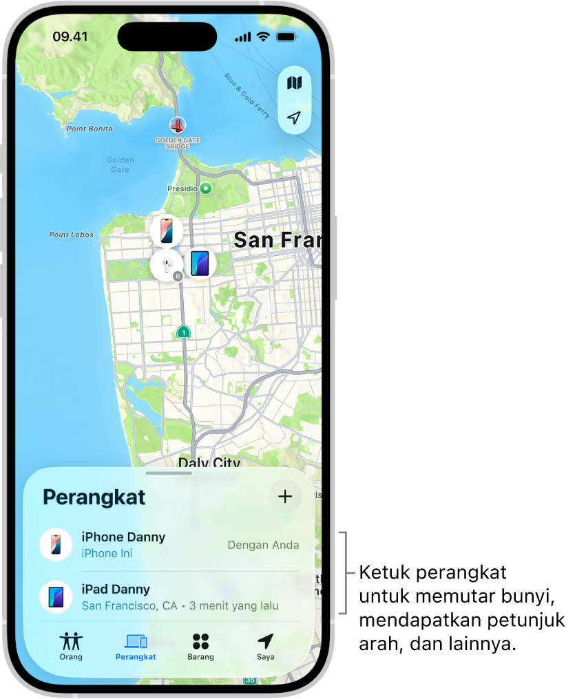 Layar Lacak dibuka ke daftar Perangkat. Terdapat dua perangkat di daftar Perangkat: iPhone Doni dan iPad Doni. Lokasinya ditampilkan di peta.