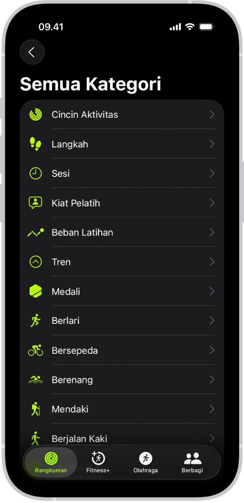 Layar Kebugaran yang menunjukkan daftar kategori kebugaran.