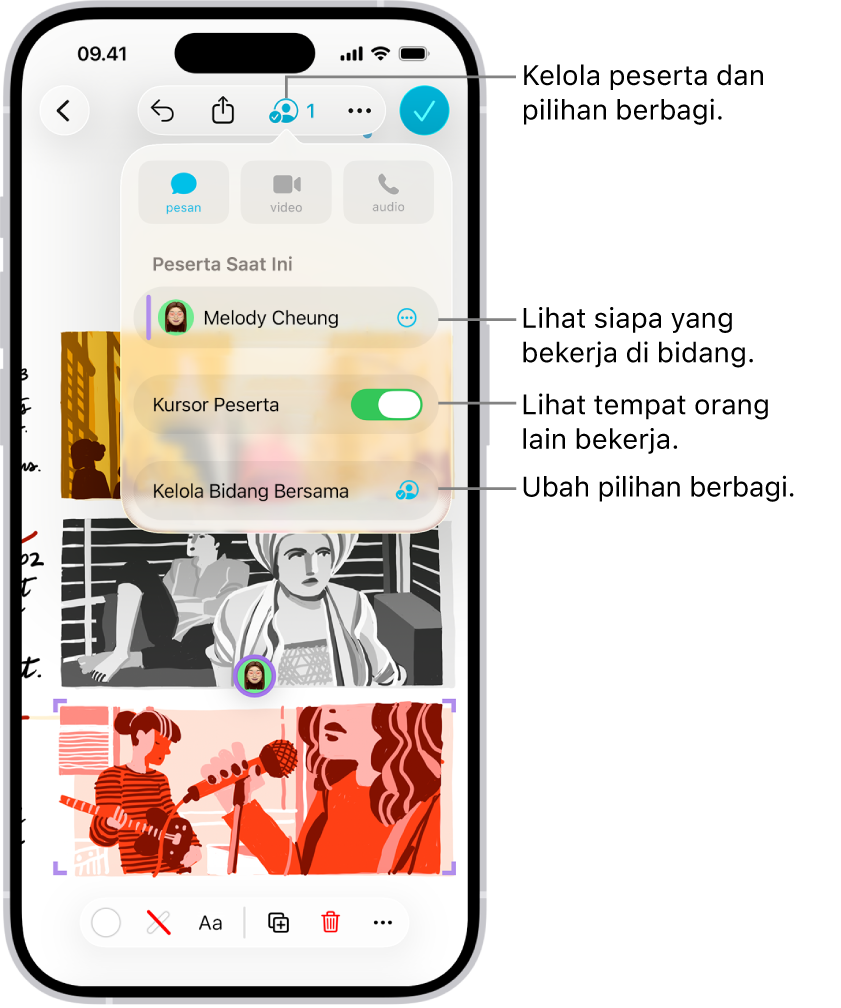 Bidang Freeform bersama di iPhone dengan menu kolaborasi buka.