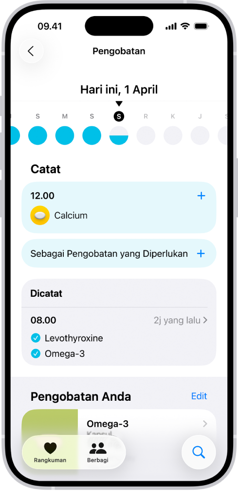 Layar Pengobatan di Kesehatan menampilkan tanggal waktu dan catatan untuk pengobatan.