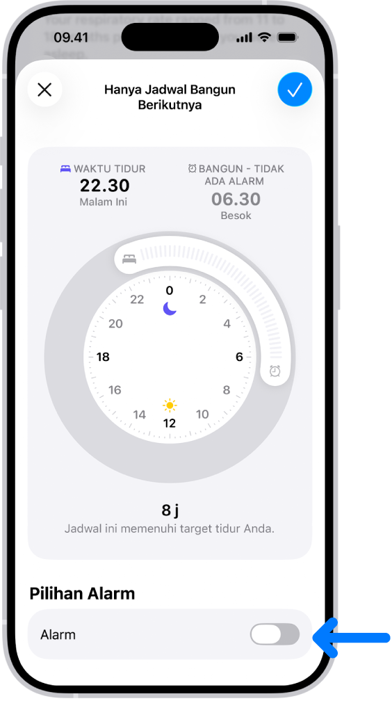 Layar Hanya Jadwal Bangun Berikutnya di Kesehatan dengan Alarm dimatikan di bagian bawah.