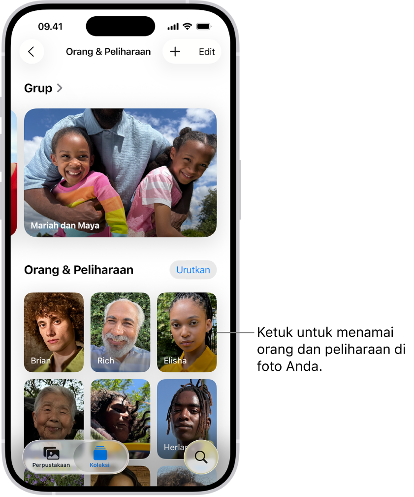 Koleksi Orang & Peliharaan di app Foto. Grup muncul di bagian atas, serta orang dan peliharaan tercantum di bawah.