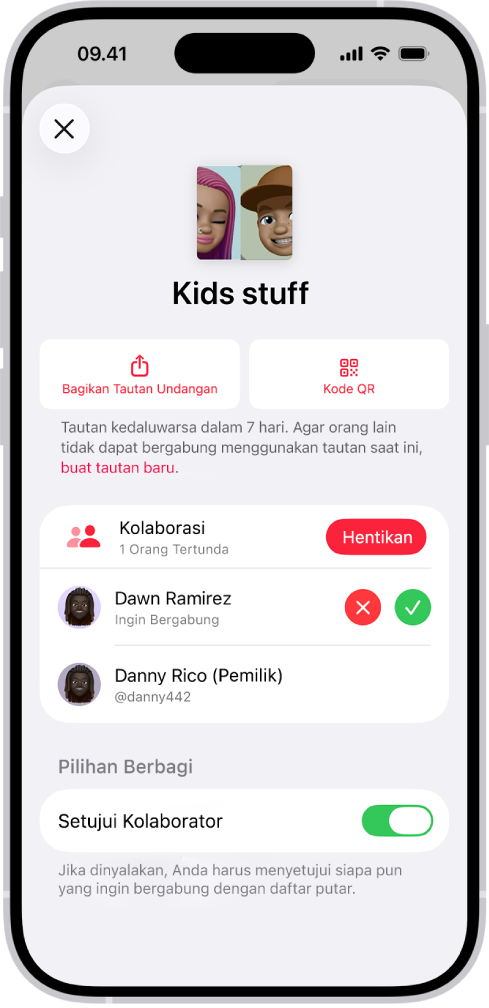 Layar Kelola Kolaborasi di app Musik.