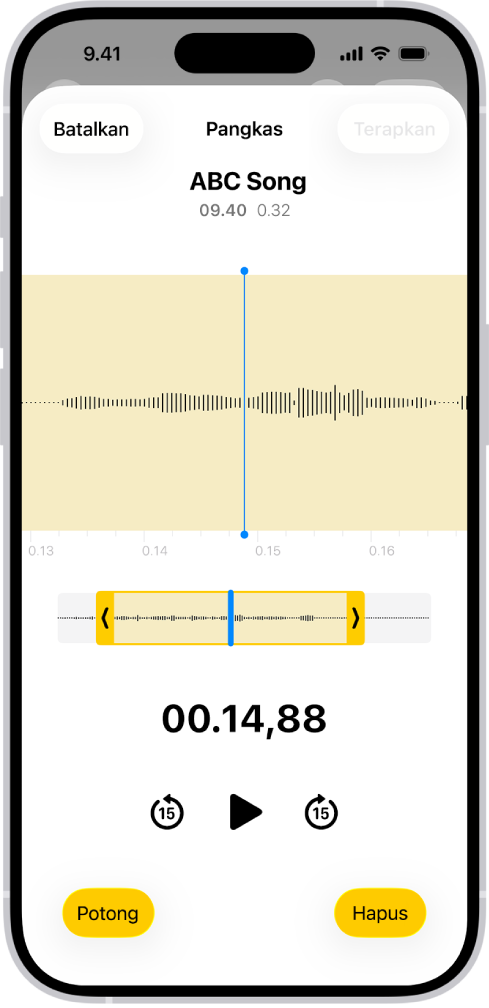 Rekaman sedang diedit, dengan pengendali pemangkasan kuning melampirkan bagian bentuk gelombang audio di bagian bawah layar. Tombol Putar dan timer rekaman muncul di bawah bentuk gelombang. Pengendali pemangkasan berada di bawah tombol Putar. Di salah satu sisi tombol Putar terdapat Tombol Pangkas (untuk menghapus bagian rekaman di luar pengendali) dan tombol Hapus (untuk menghapus bagian rekaman di dalam pengendali).